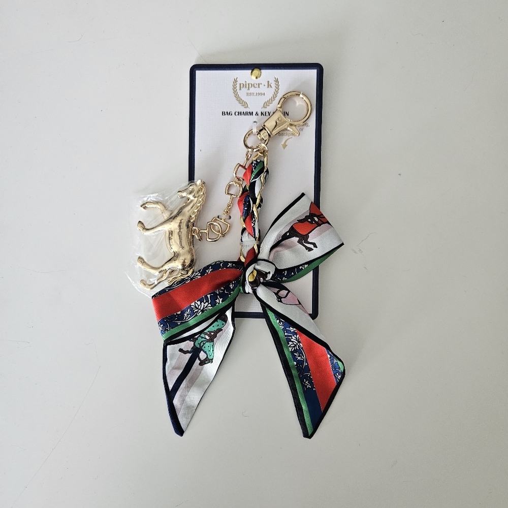 NWT Piper K Satin Scarf And Mini Gold Horse Bag Charm/Keychain